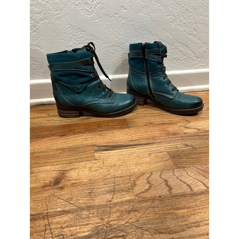 DromedarisTeal‎ Leather Side Zip Lace Up Combat Ankle Boots Women 39/8